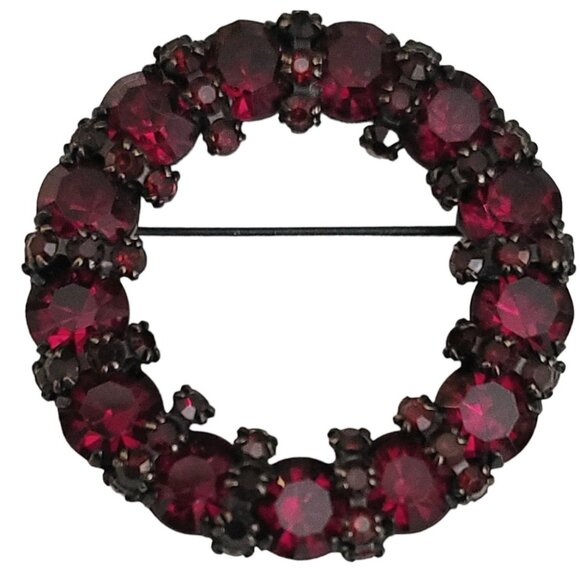 Joseph Warner Red Rhinestone Open Round Japanned Brooch Pin, Signed M173 - Picture 3 of 7